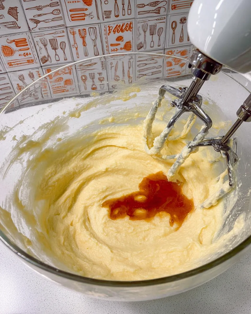 Creaming butter and sugar in mixing bowl add vanilla.
