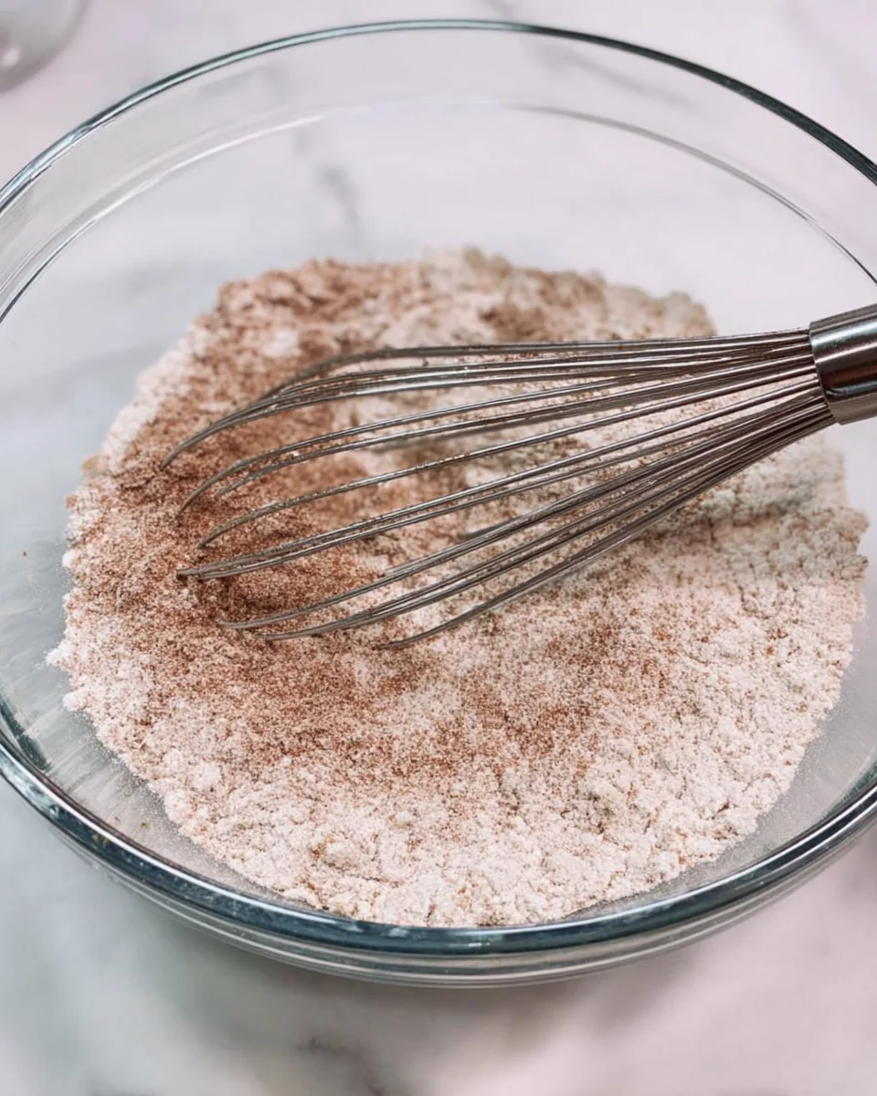 Dry ingredients whisked together in a bowl.