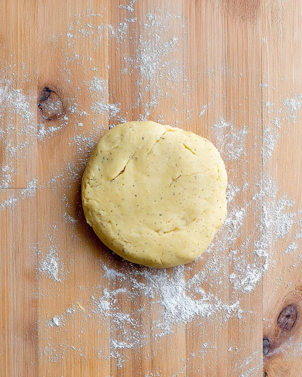 Vanilla shortbread cookie dough formed into a circle on a wooden work surface Vanilla shortbread cookie dough formed into a circle on a wooden work surface