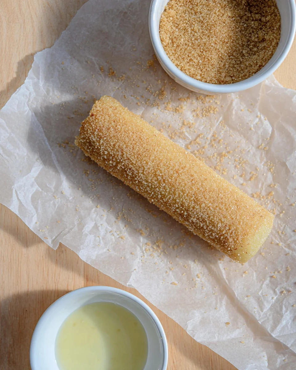 Vanilla shortbread cookie dough log covered with egg whites and turbinado sugar. Vanilla shortbread cookie dough log covered with egg whites and turbinado sugar.