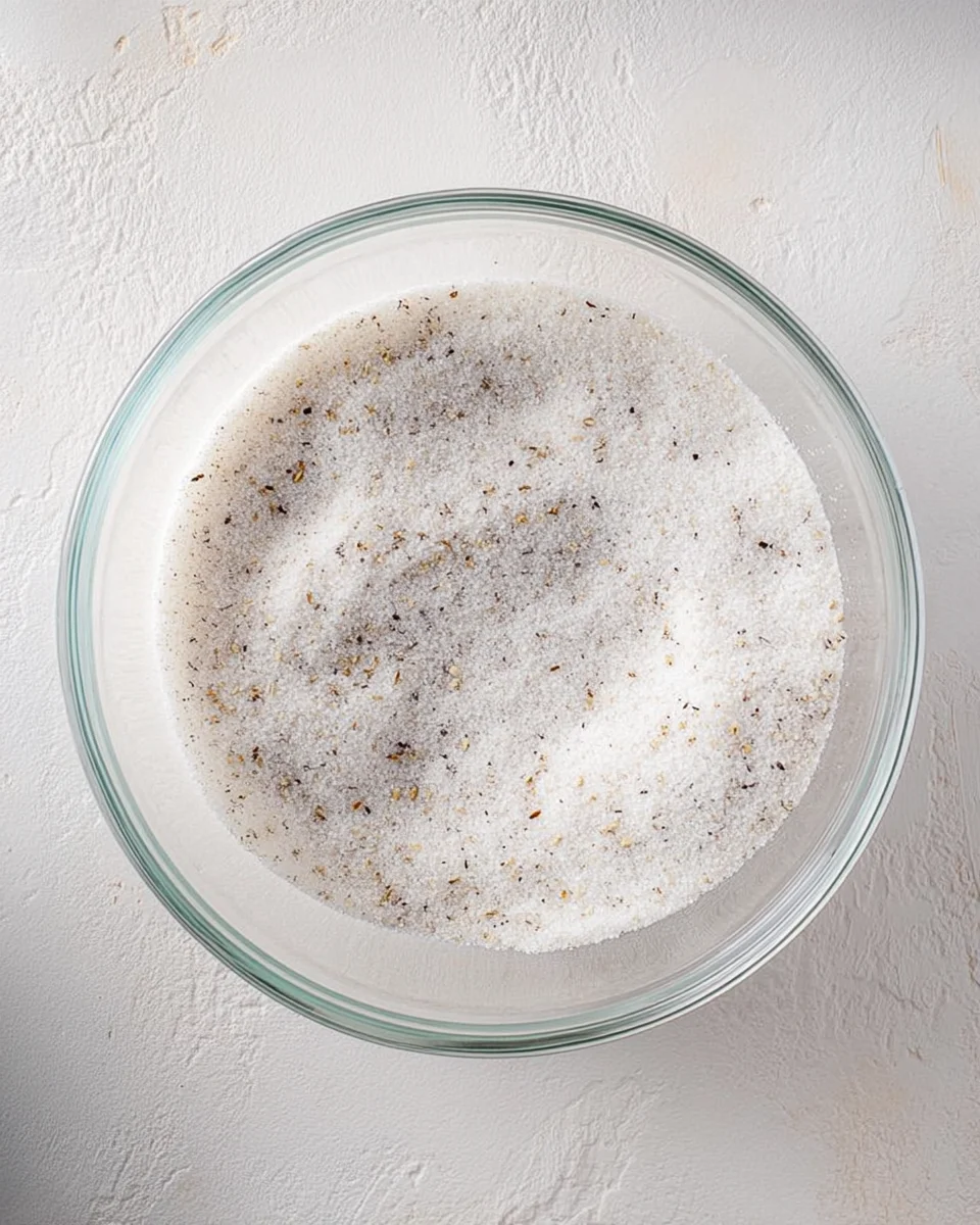 Granulated sugar in a bowl with vanilla bean seeds rubbed into the sugar Granulated sugar in a bowl with vanilla bean seeds rubbed into the sugar