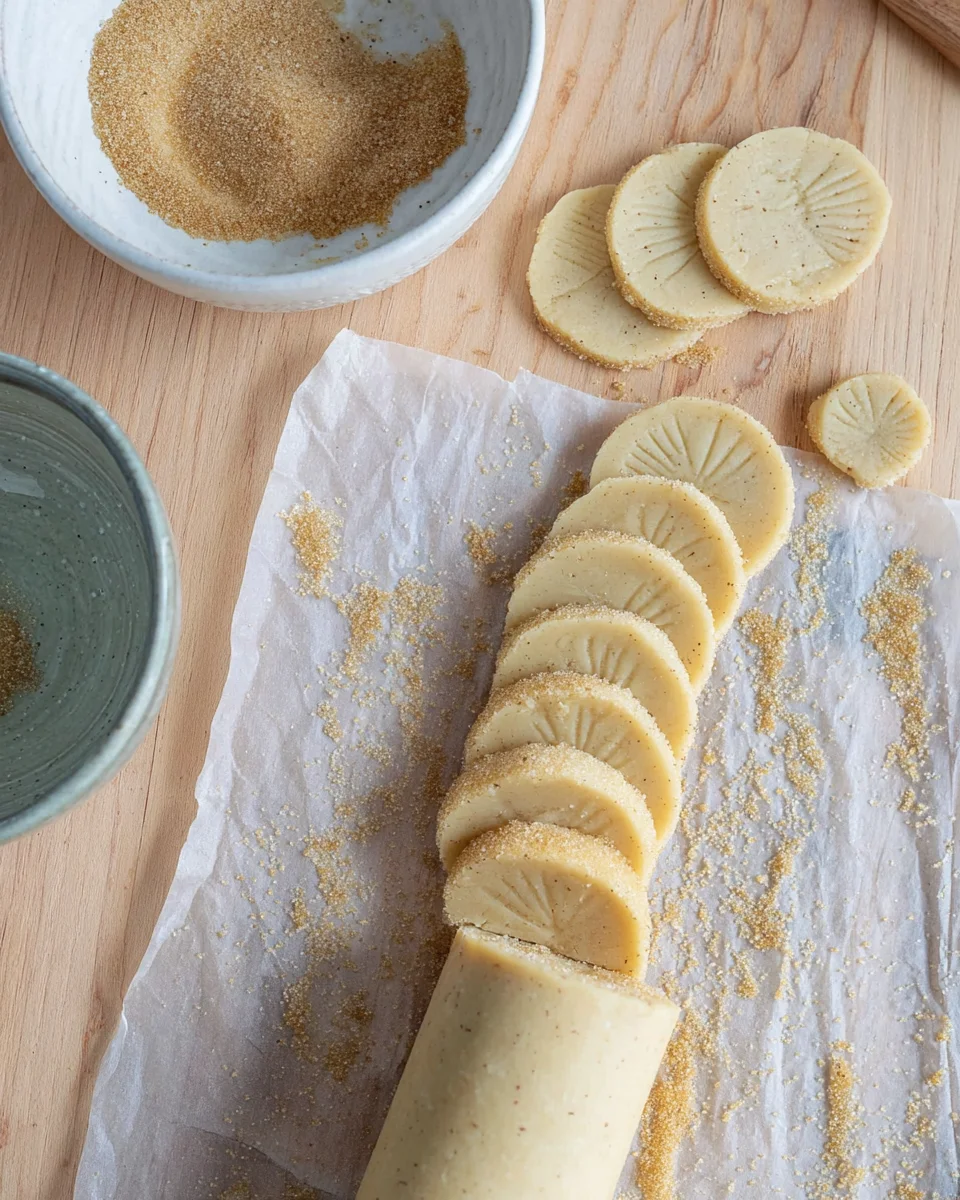 Vanilla shortbread cookie dough log sliced into 1/2-inch rounds. The edges of the cookies are covered with turbinado sugar Vanilla shortbread cookie dough log sliced into 1/2-inch rounds. The edges of the cookies are covered with turbinado sugar