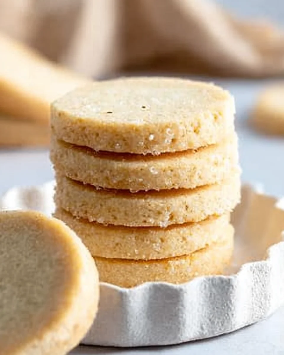 A stack of 5 vanilla shortbread cookies on a small plate with another cookie sitting on the edge of the plate. The cookies are encrusted with turbinado sugar. A stack of 5 vanilla shortbread cookies on a small plate with another cookie sitting on the edge of the plate. The cookies are encrusted with turbinado sugar.