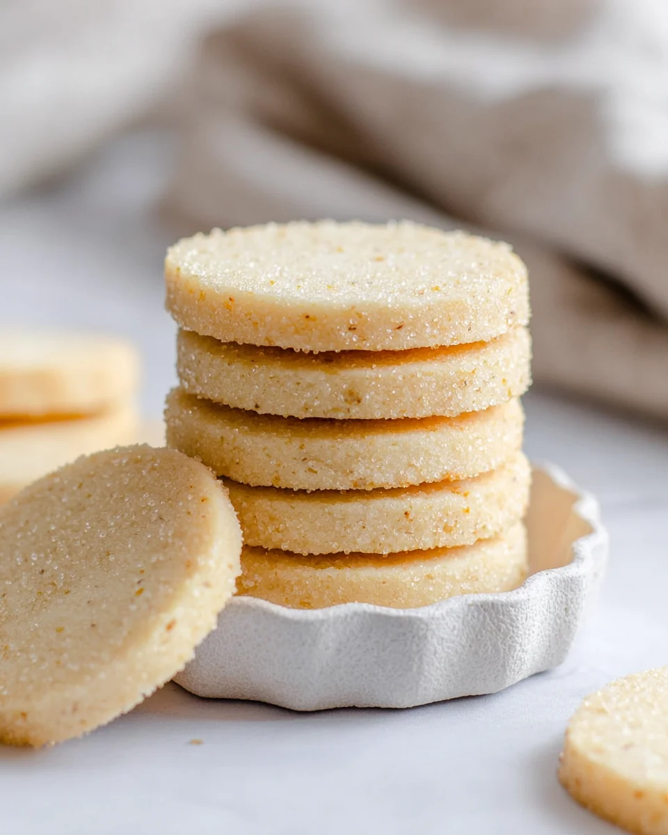 A stack of 5 vanilla shortbread cookies on a small plate with another cookie sitting on the edge of the plate. The cookies are encrusted with turbinado sugar. A stack of 5 vanilla shortbread cookies on a small plate with another cookie sitting on the edge of the plate. The cookies are encrusted with turbinado sugar.
