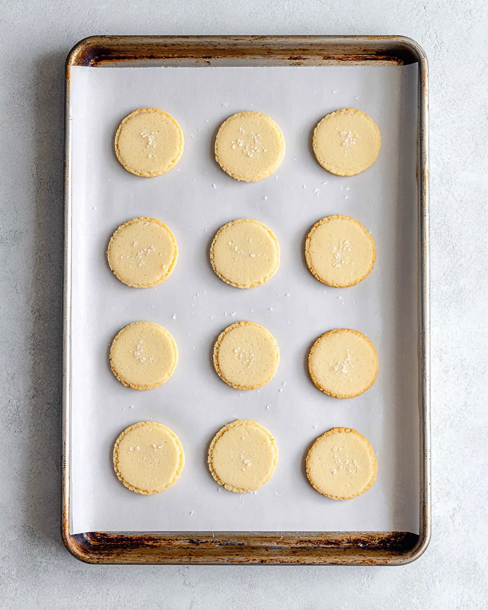 12 baked vanilla shortbread cookies on a parchment lined baking sheet 12 baked vanilla shortbread cookies on a parchment lined baking sheet