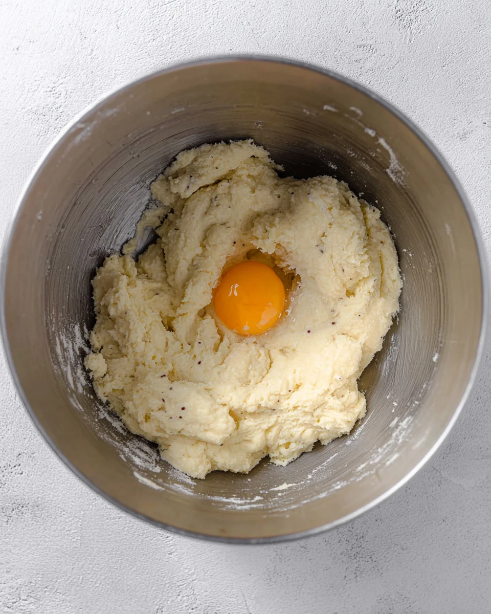 An egg yolk added to the vanilla shortbread cookie dough. The dough is in the large bowl of a stand mixer An egg yolk added to the vanilla shortbread cookie dough. The dough is in the large bowl of a stand mixer