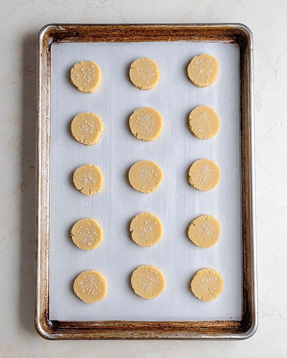 Unbaked vanilla shortbread cookies on a parchment lined baking sheet Unbaked vanilla shortbread cookies on a parchment lined baking sheet