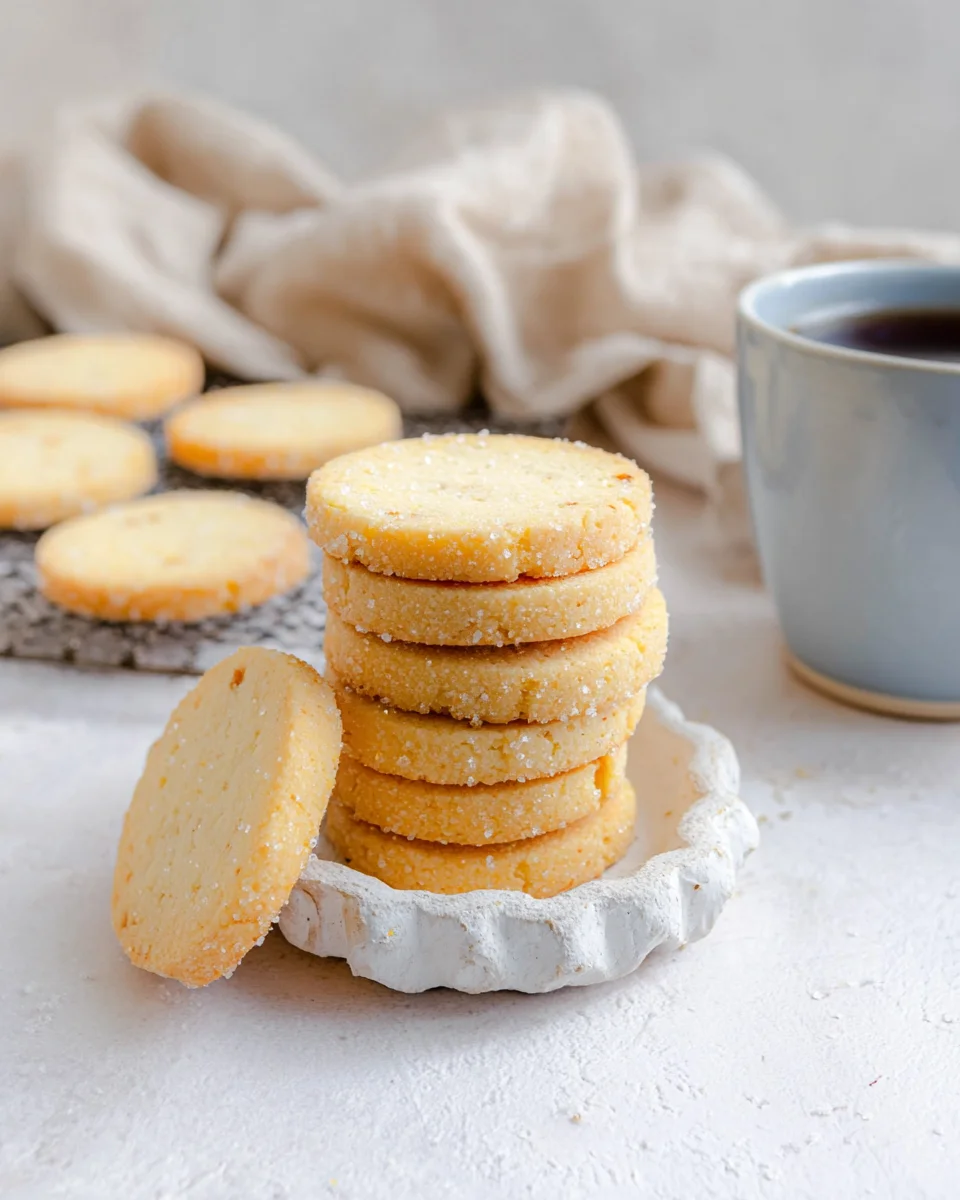 A stack of vanilla shortbread cookies on a small plate. A cup of tea is behind the stack to the right. There is another stack of cookies on a rack to the left. A stack of vanilla shortbread cookies on a small plate. A cup of tea is behind the stack to the right. There is another stack of cookies on a rack to the left.