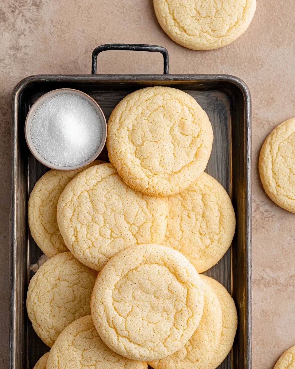 Several vanilla sugar cookies arranged on a dark gray platter with a small bowl of sugar in the upper left hand corner