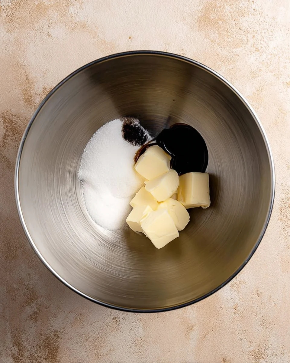 Butter, sugar, and vanilla bean paste on the stainless steel bowl of a stand mixer