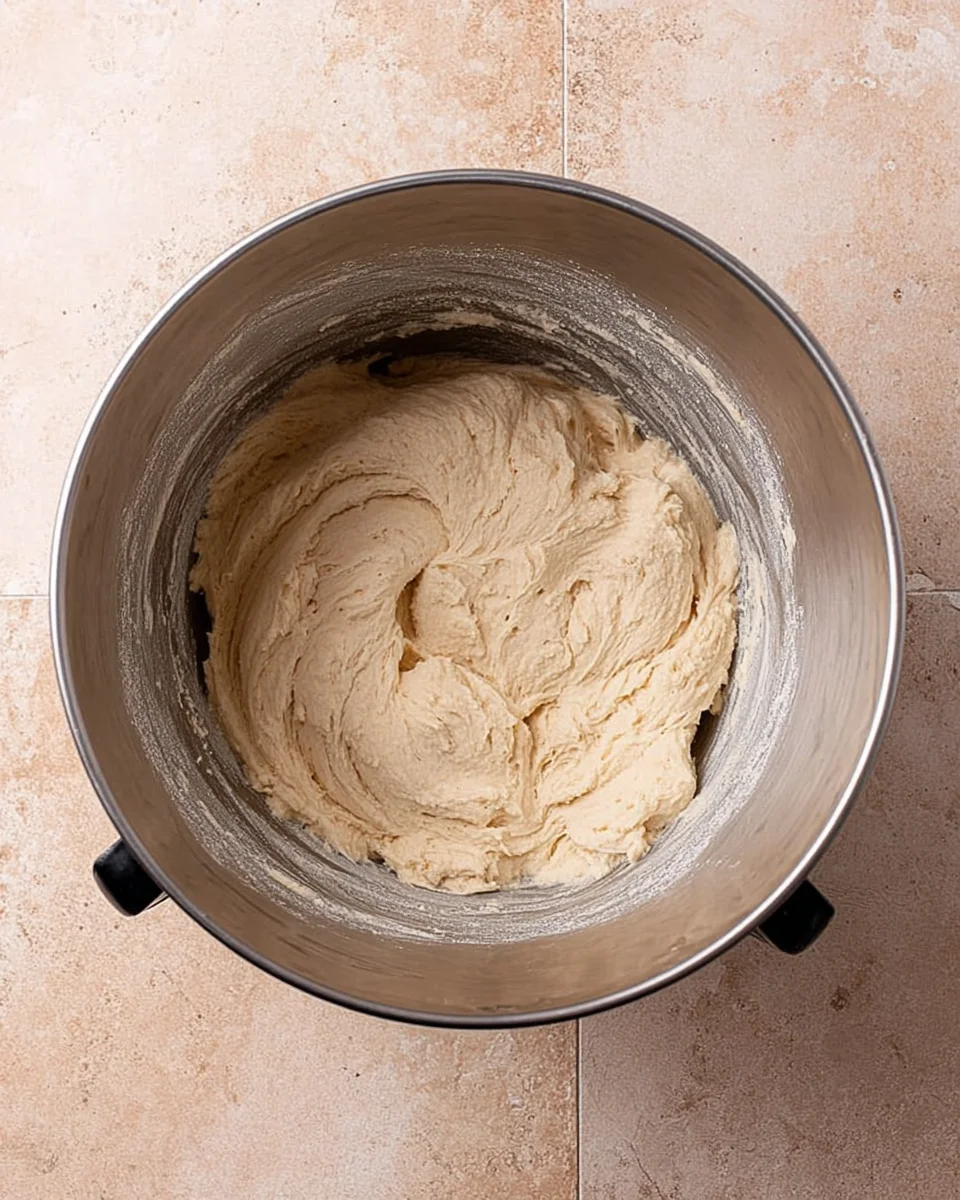 The butter, sugar, and vanilla bean paste creamed together in the bowl of a stand mixer