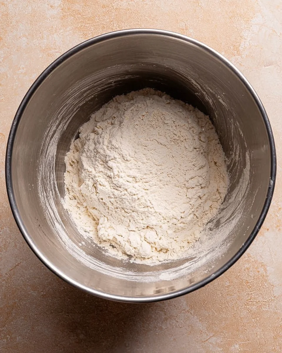 Flour on top of the creamed butter and sugar and eggs in the stainless steel bowl of a mixer