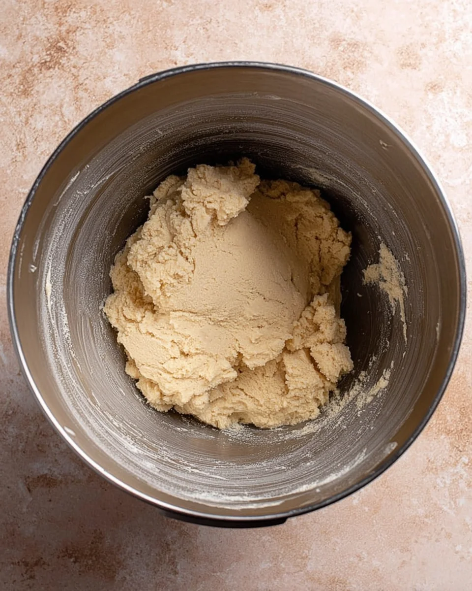 The cookie dough in the bowl of a stainless steel mixer. The dough is a light beige color