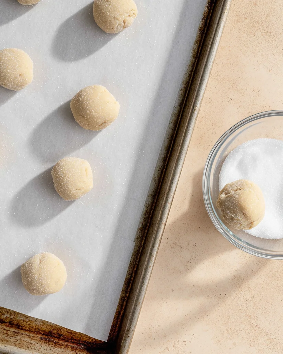 Three balls of dough rolled in sugar on a parchment lined baking sheet. One ball of dough in a small bowl of sugar