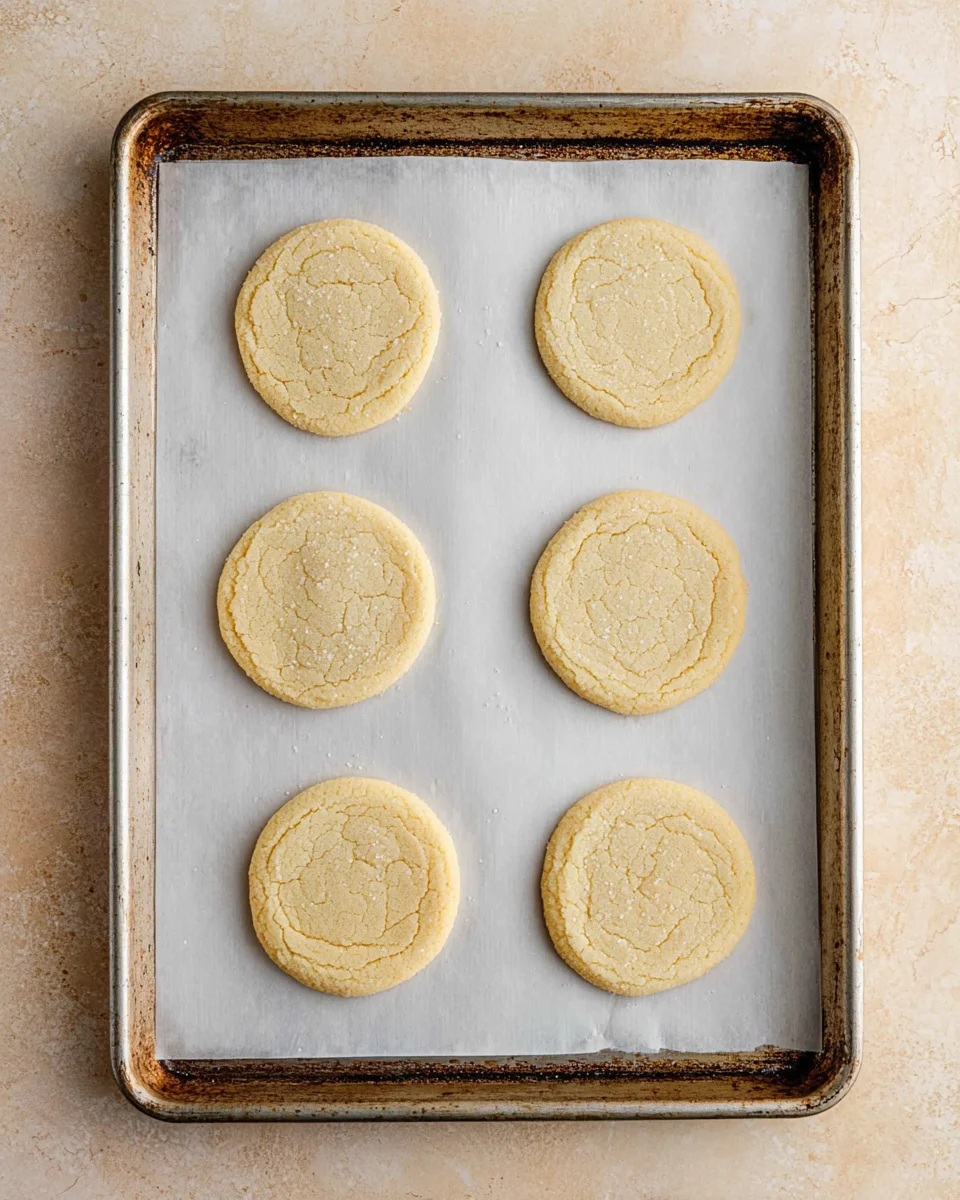 Six baked cookies on parchment lined baking sheet