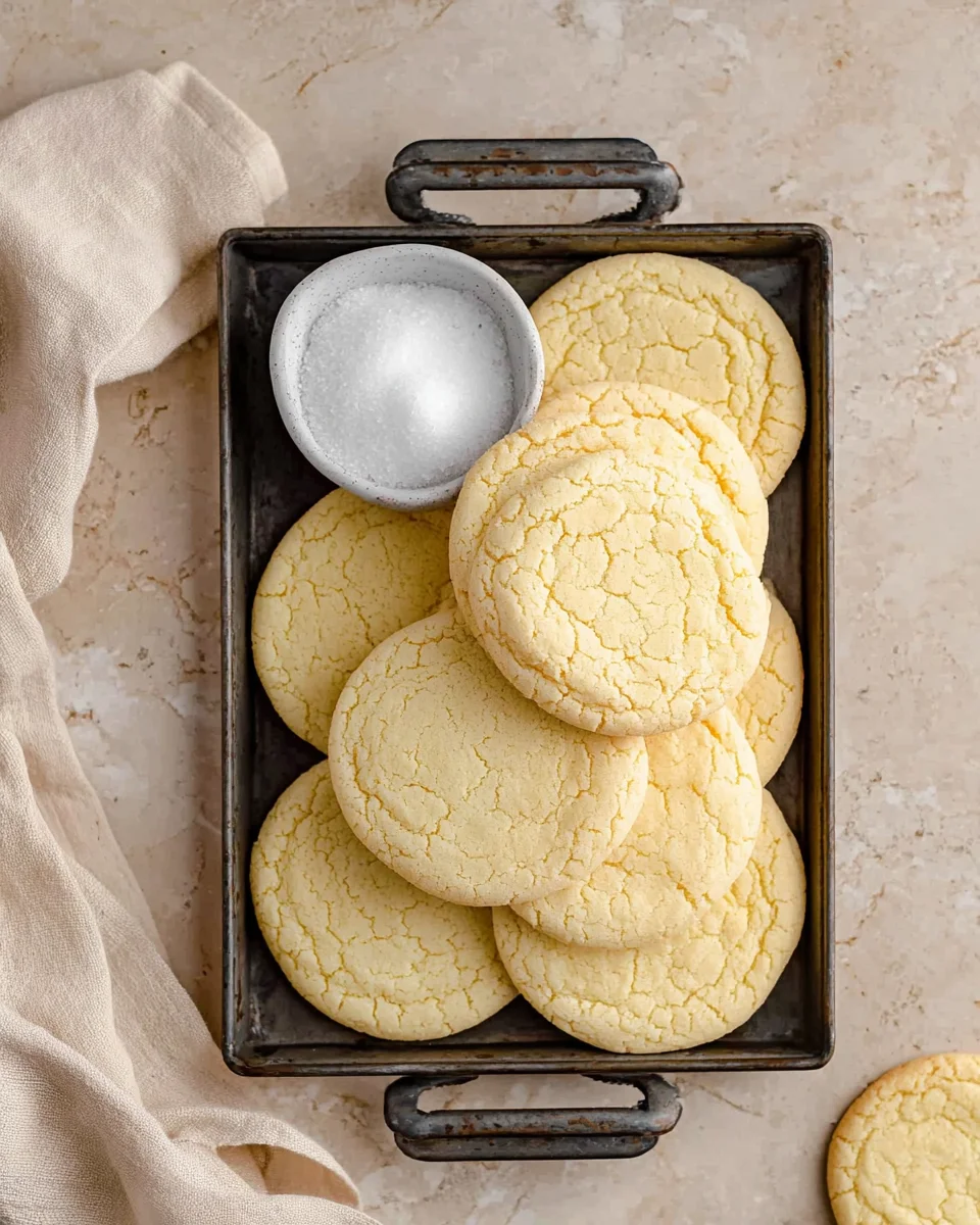 Several vanilla sugar cookies arranged on a dark gray platter with a small bowl of sugar in the upper left hand corner