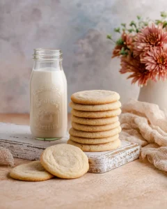 Nine cookies stacked next to a glass bottle filled with milk on a wooden board. Two cookies are in front of the stack. There are flowers in the background