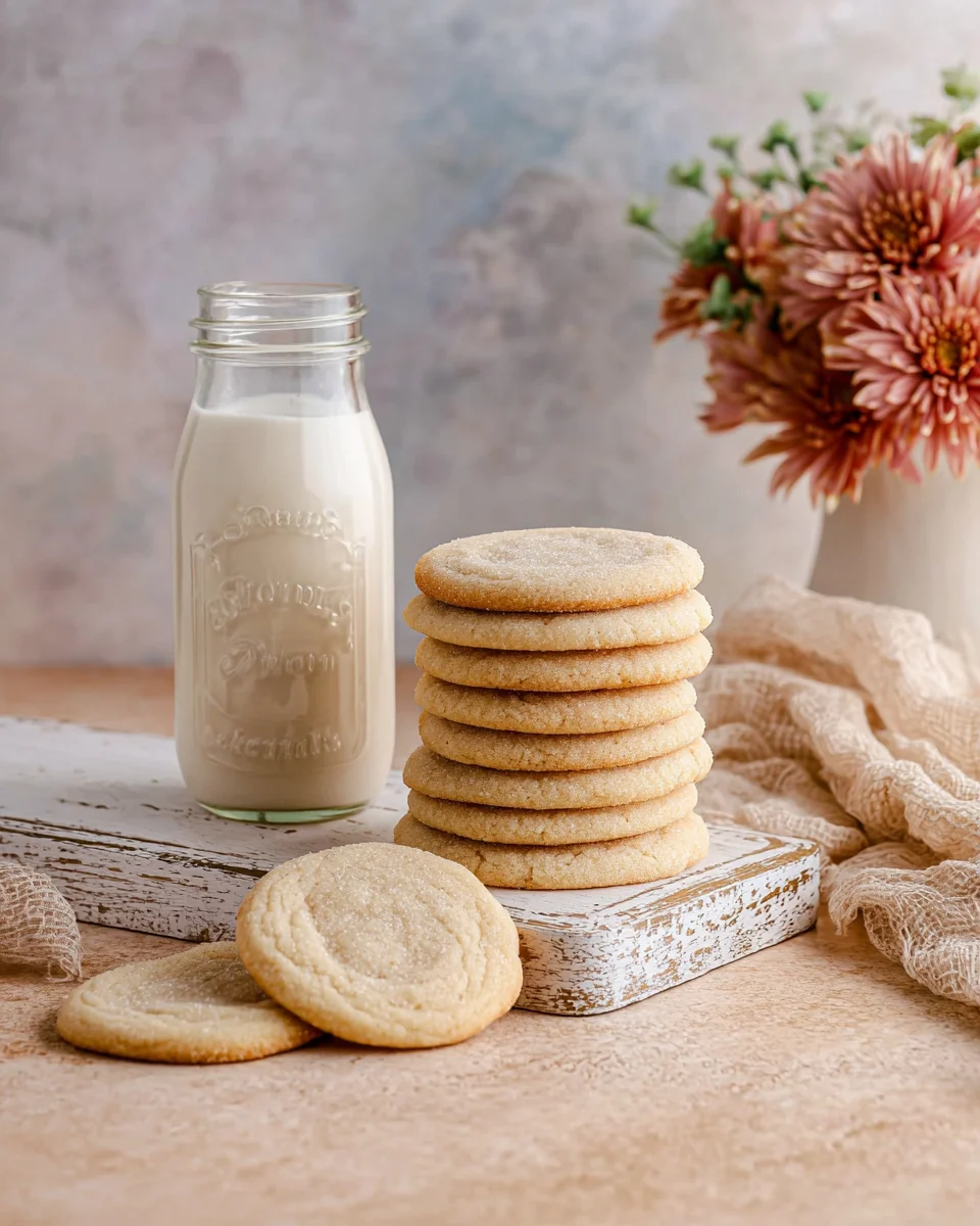 Nine cookies stacked next to a glass bottle filled with milk on a wooden board. Two cookies are in front of the stack. There are flowers in the background