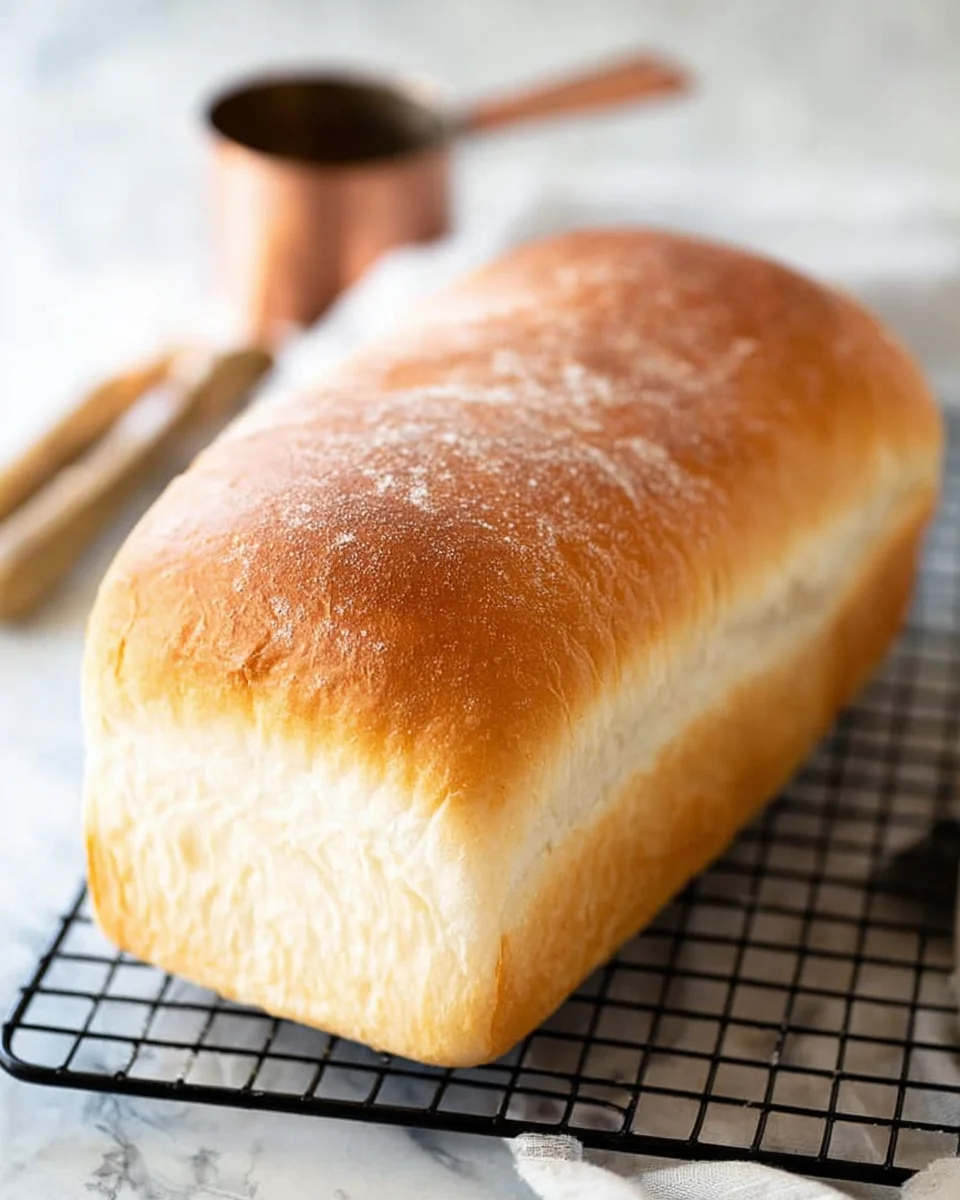 White-Bread-Plated-Cravings-10-680x1020.jpg A loaf of white bread on a black cooling rack next to some bronze measuring cups