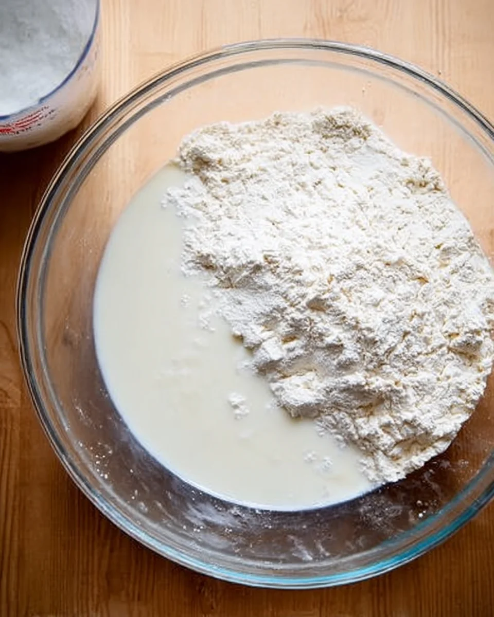 Adding buttermilk to a bowl of dry ingredients and butter.