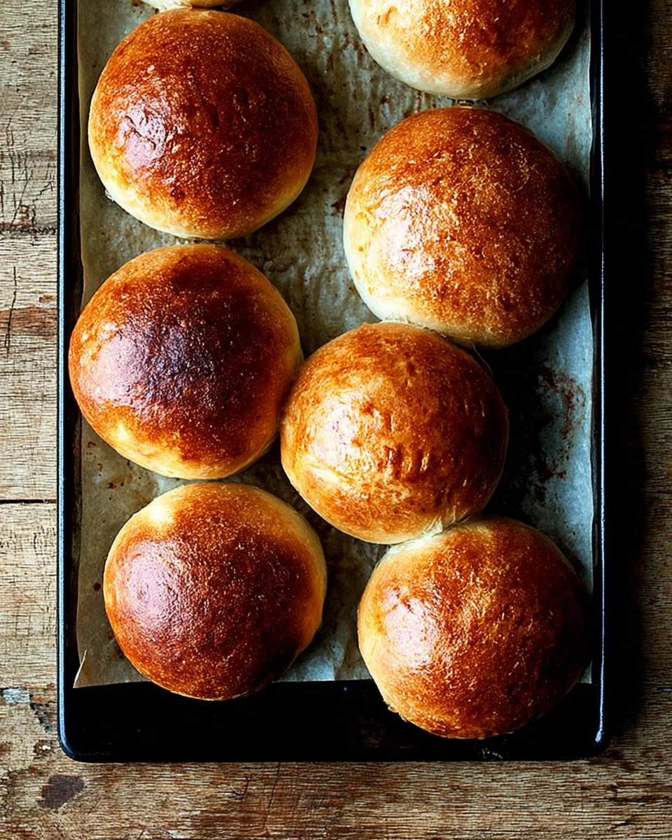 Light brioche buns on a sheet pan.
