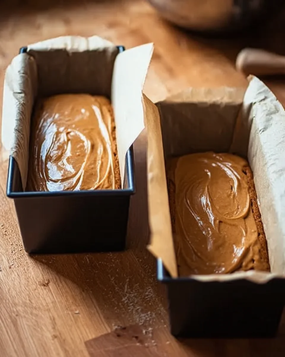 Two loaf pans filled with pumpkin bread batter. Two loaf pans filled with pumpkin bread batter.