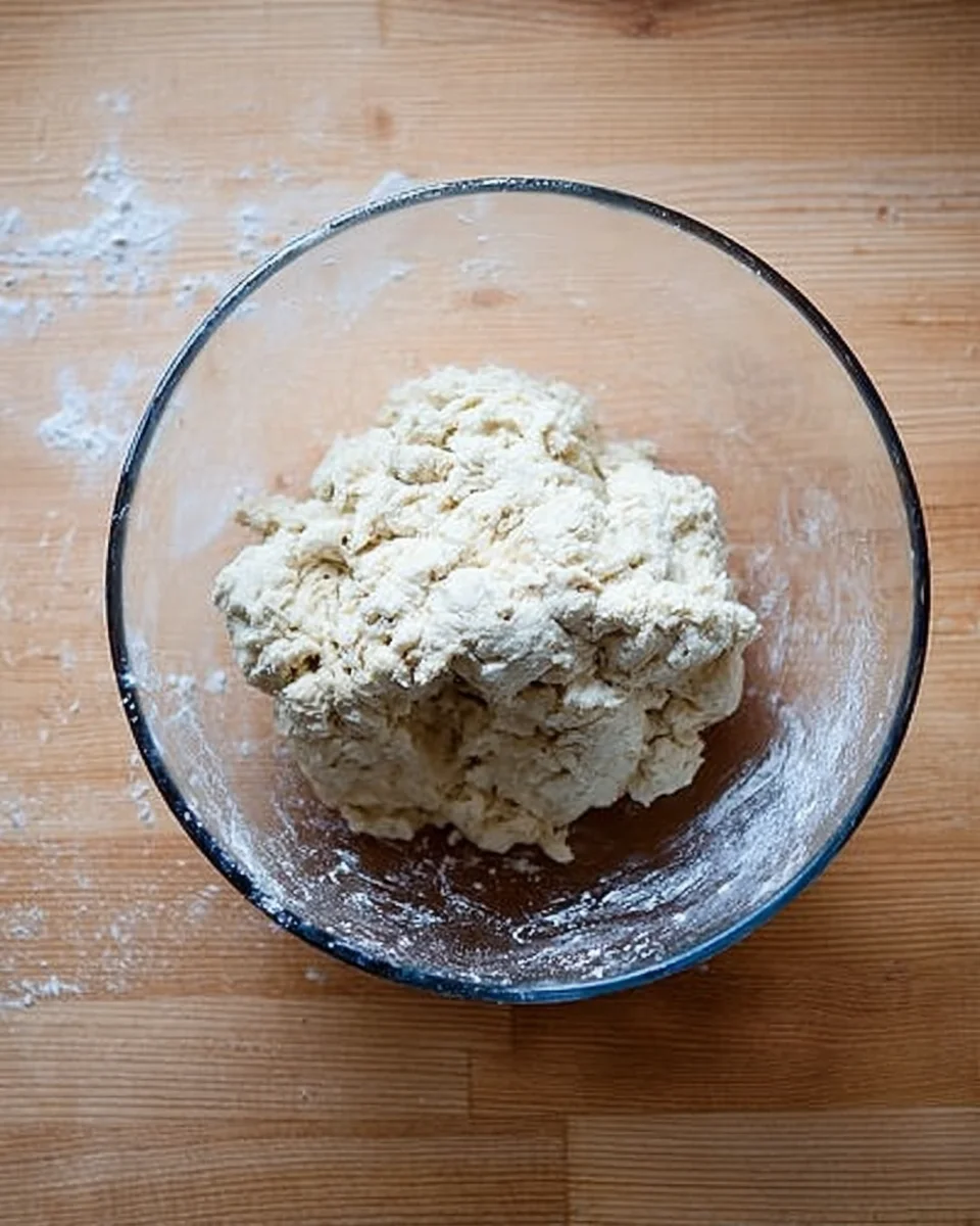 Mixed biscuit dough in a bowl.