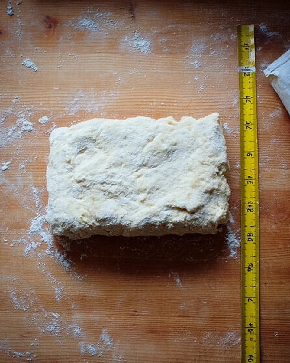 Folded biscuit dough on the counter top.