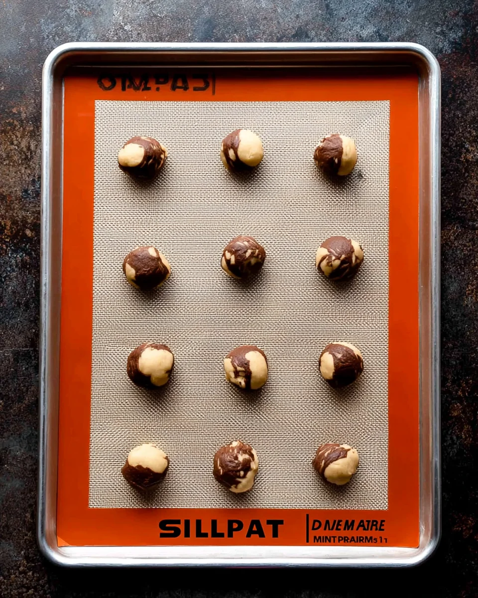 chocolate dough balls swirled with peanut butter on lined baking sheet