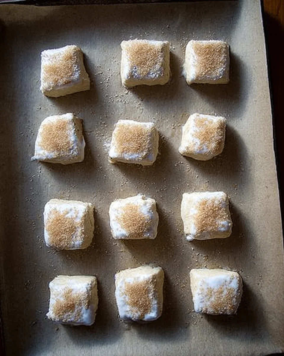 Cut unbaked biscuits on a sheet pan topped with buttermilk and turbinado sugar.