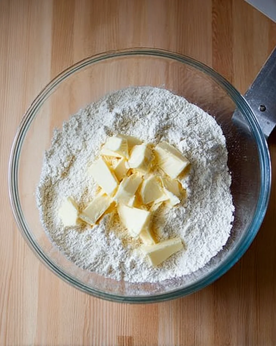 A large bowl of dry ingredients plus slices of butter.