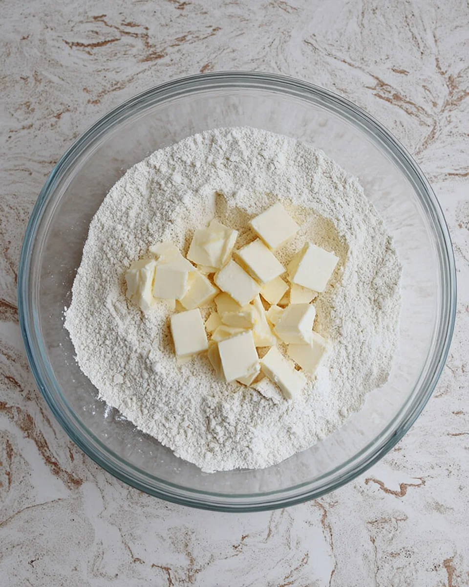 cubes of butter added to dry ingredients