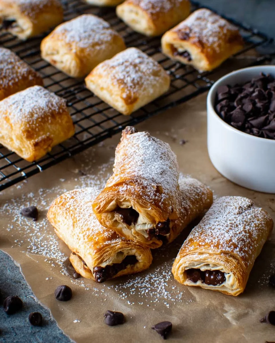 Chocolate filled puff pastries dusted with powdered sugar with chocolate chips scattered and some in a bowl.