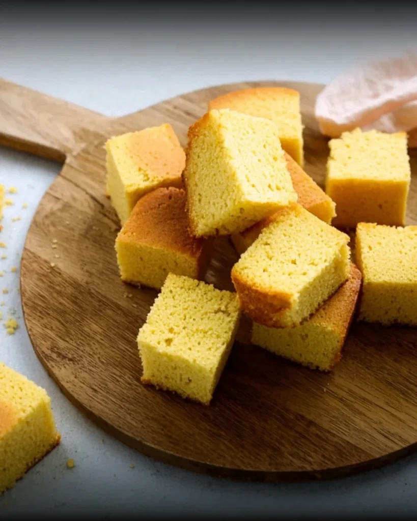 cornbread pieces on wooden board
