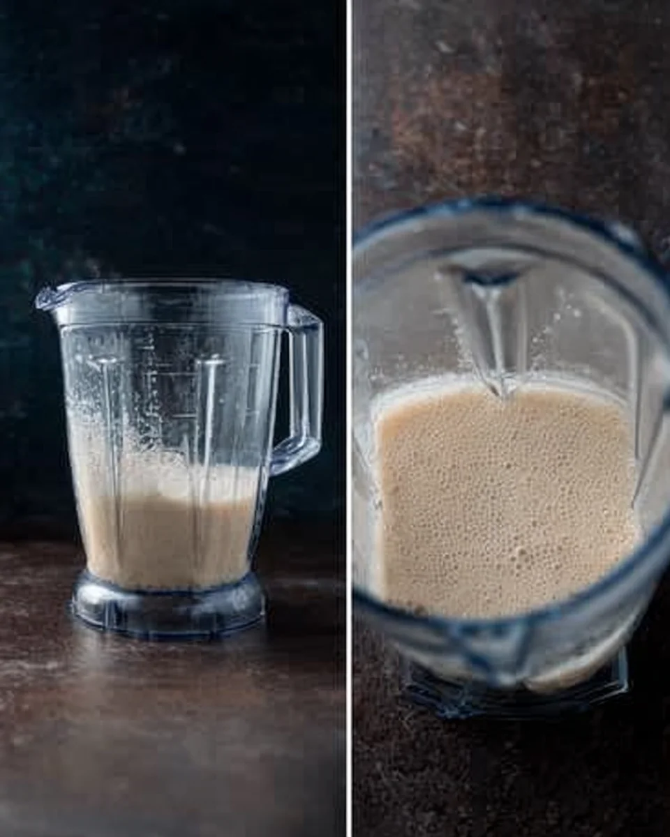 Soaked rice in a blender with water, before and after blending.