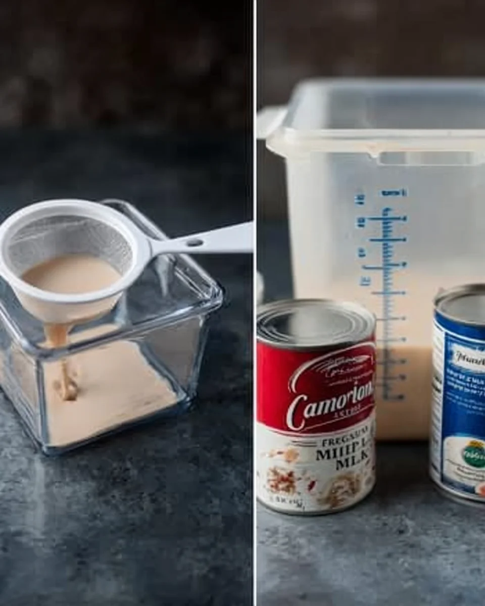 Straining the blended rice milk base and preparing to add milk to the strained horchata base.