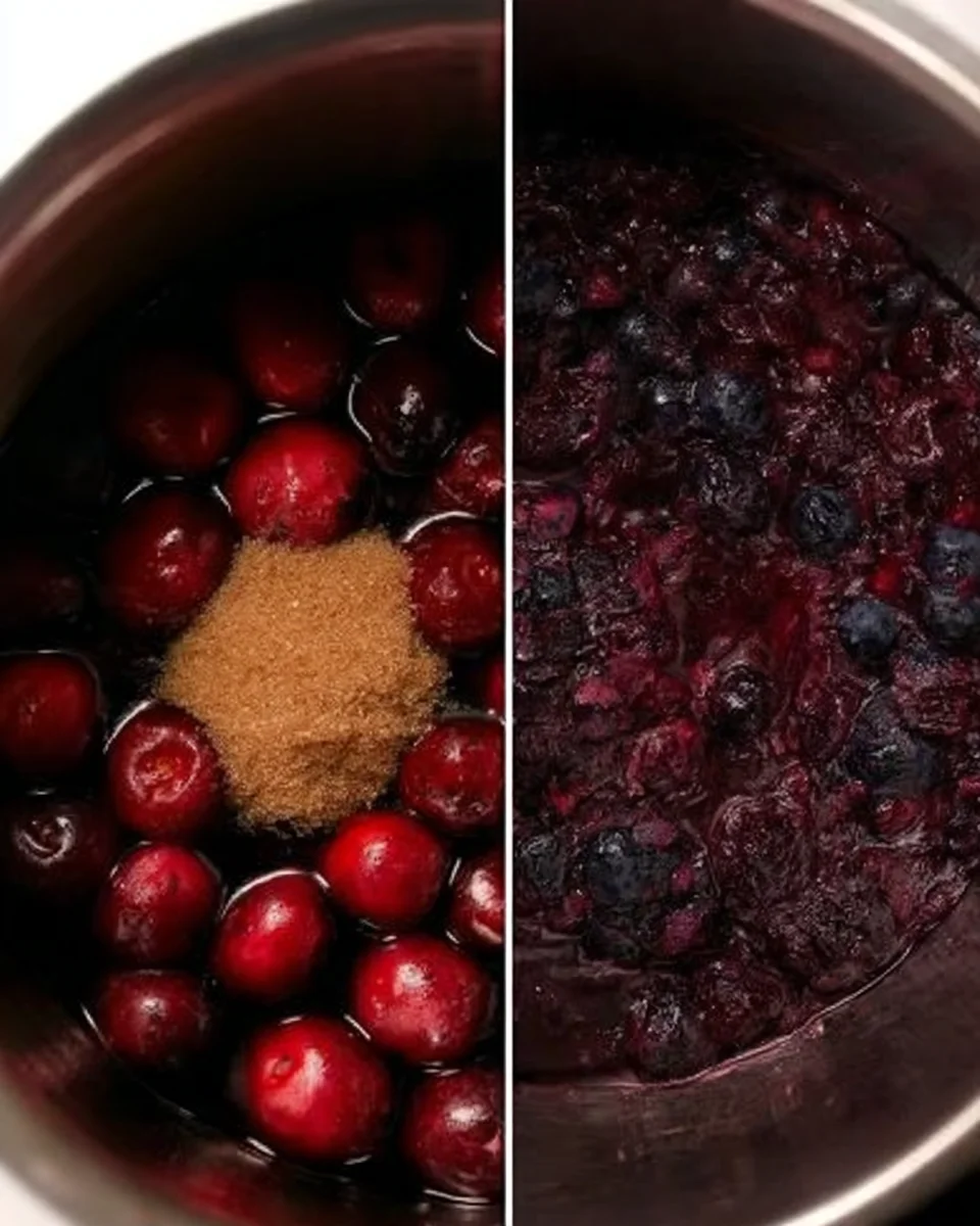 Collage of making cherry pie filling, from making the jammy, spiced cherry base to prepping fresh cherries.