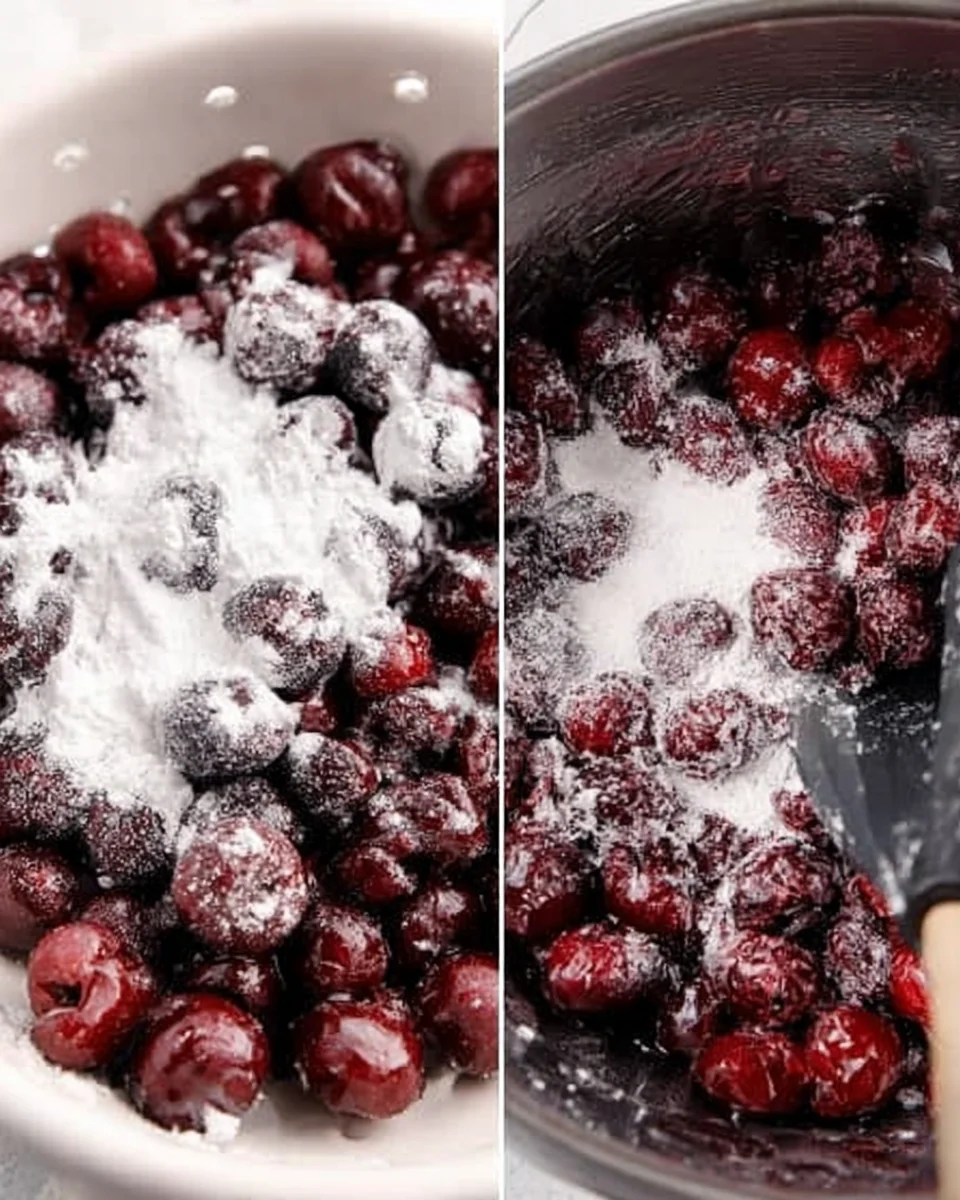 Cooking the thick, juicy cherry pie filling in a saucepan.