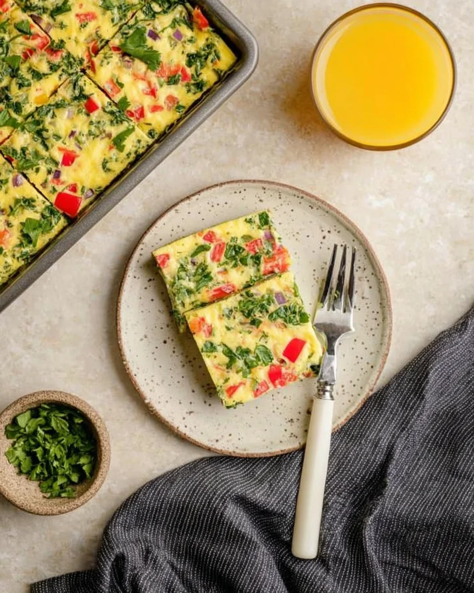 two slices of baked sheet pan omelette with spinach and bell peppers stacked on each other on small plate.