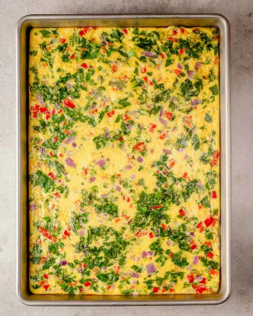 overhead shot of baked sheet pan omelette with spinach and bell peppers.
