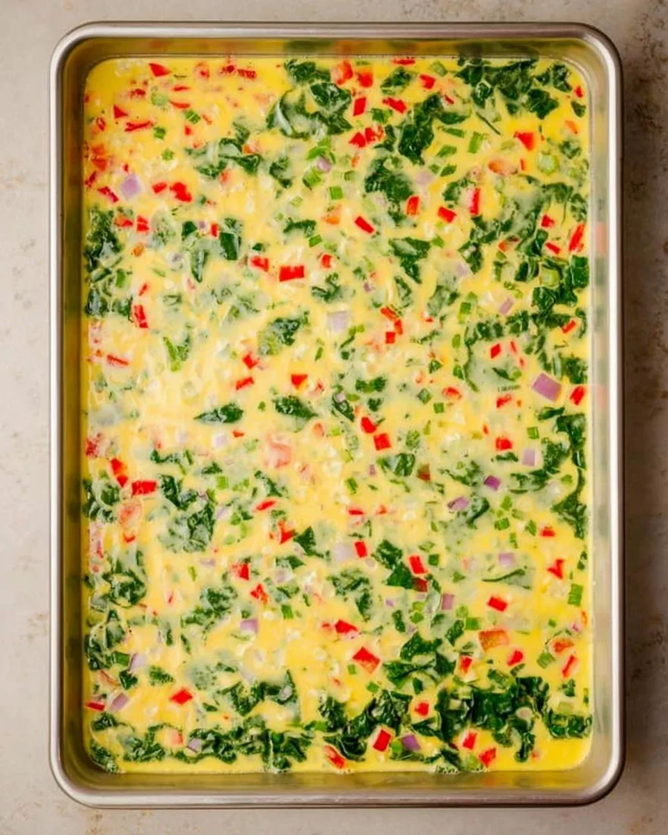 sheet pan filled with raw whipped egg mixture, spinach, bell pepper and cheese.