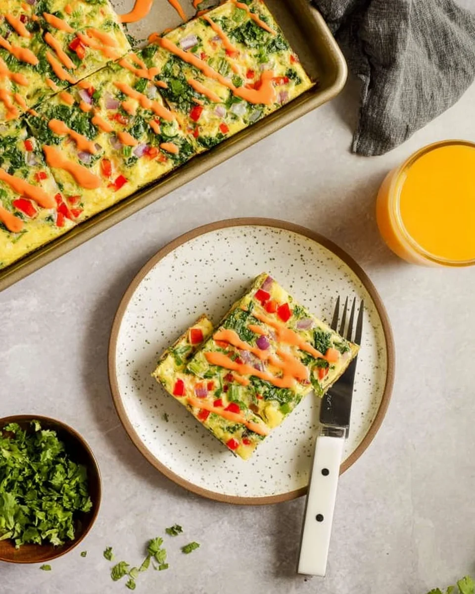 two slices of baked sheet pan omelette with spinach and bell peppers stacked on each other on small plate.