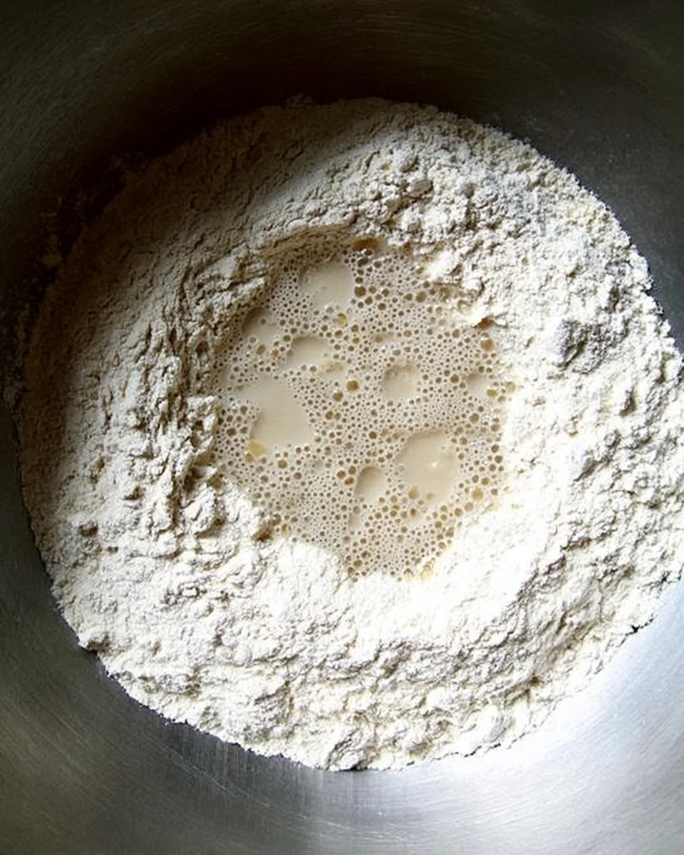 Overhead view of unmixed dough in mixing bowl