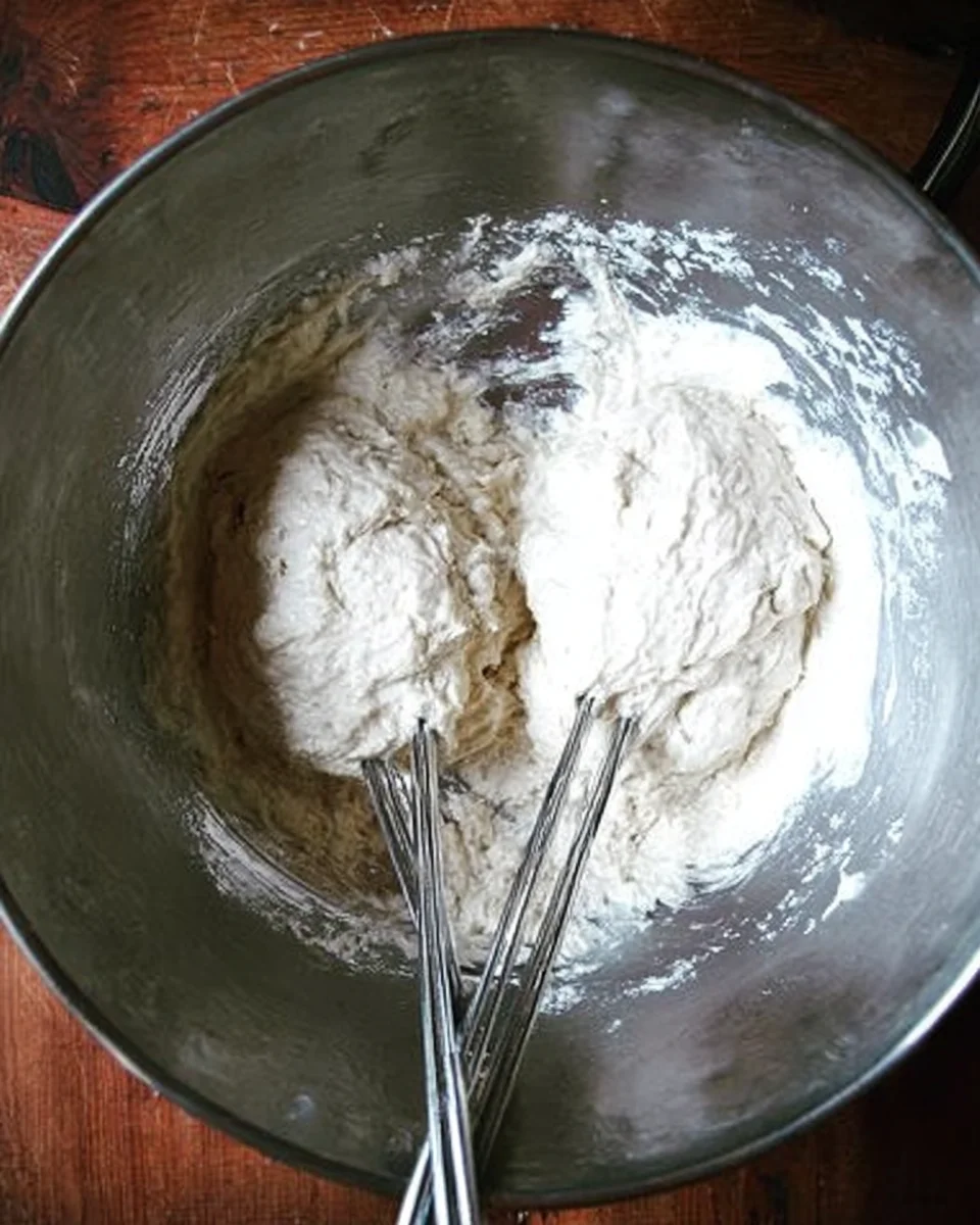 Overhead view of dividing the dough in half with two forks