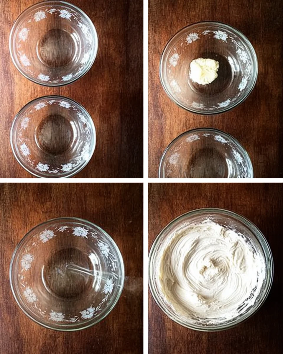 Four blocks showing glass bread bowls empty, with butter, and with dough