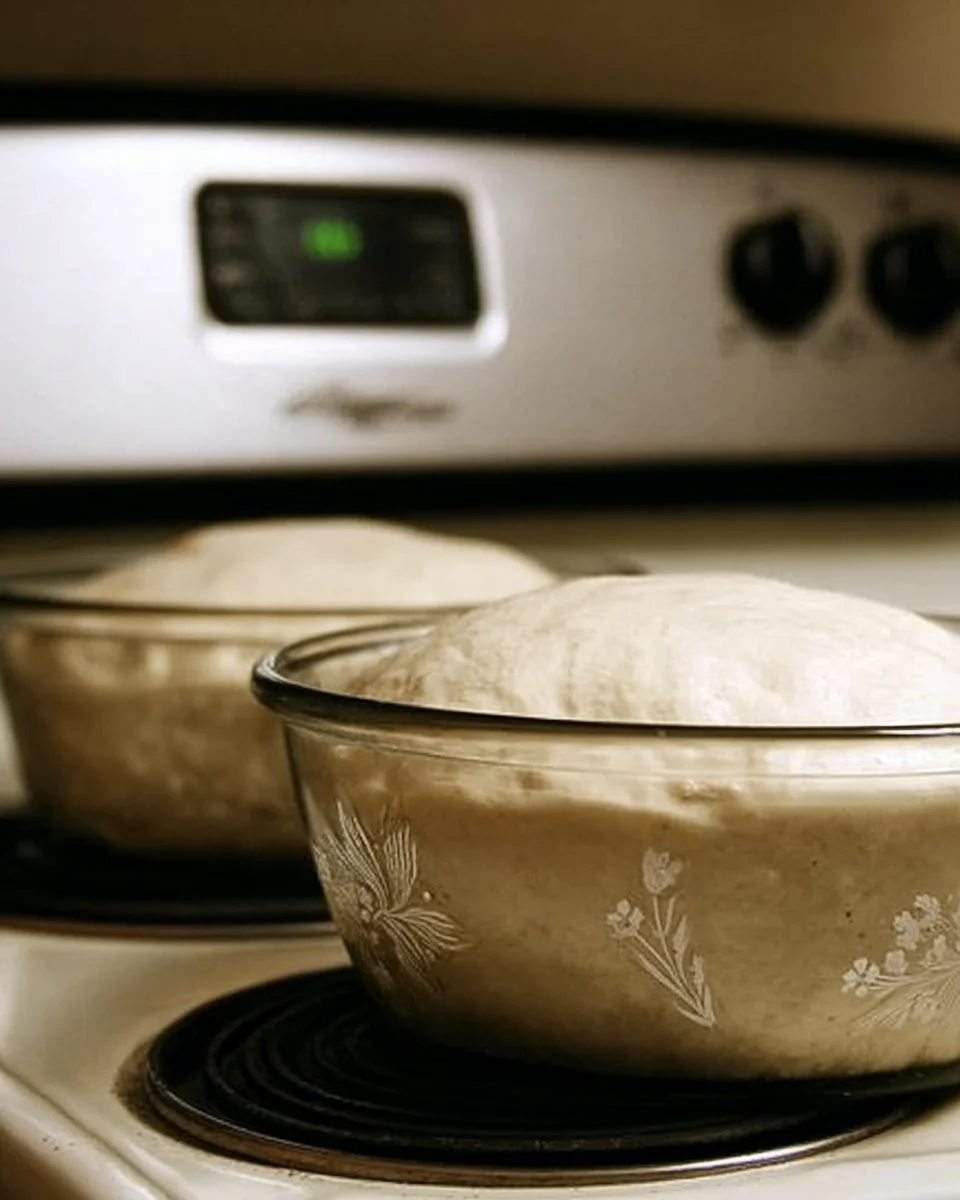 Side view of dough in glass oven-safe baking bowls on top of oven