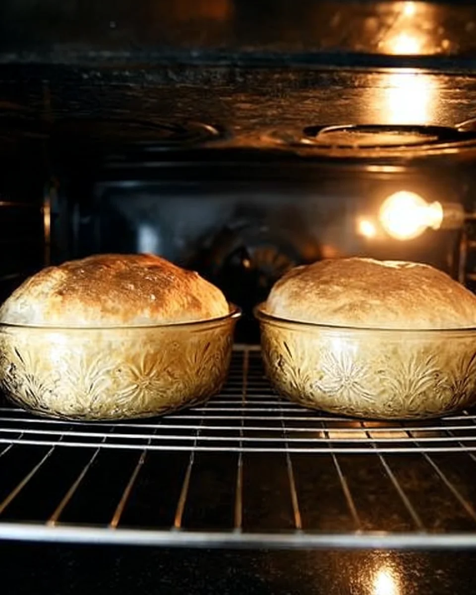 Two loaves of peasant bread baking in oven-safe glass bowls