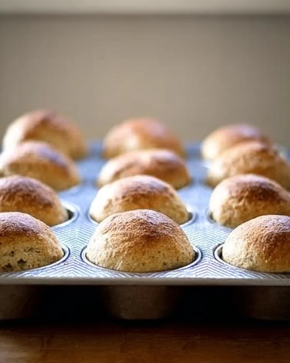 Just-baked thyme dinner rolls in a muffin tin. Just-baked thyme dinner rolls in a muffin tin.