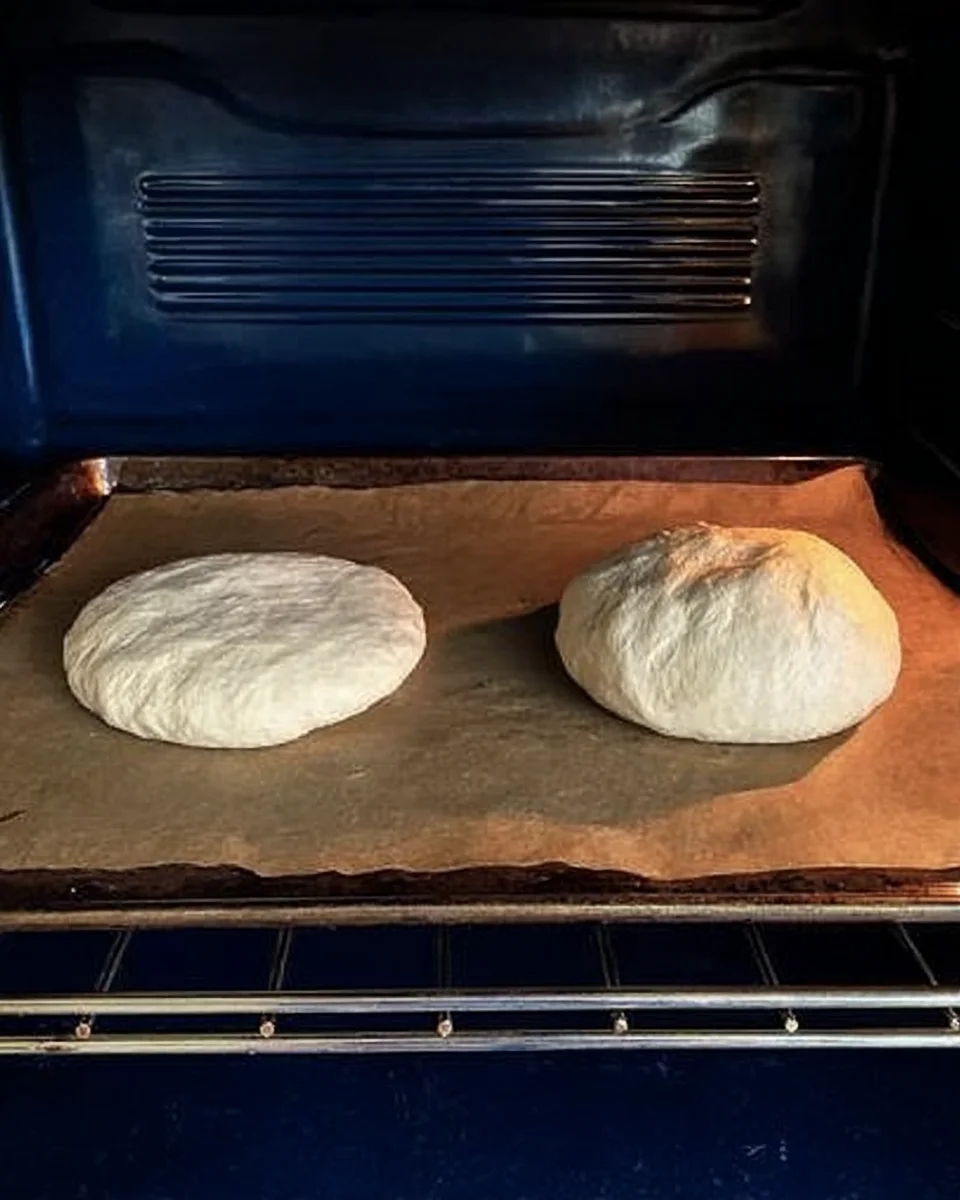 Two pita cooking on a non-preheated sheet pan. 