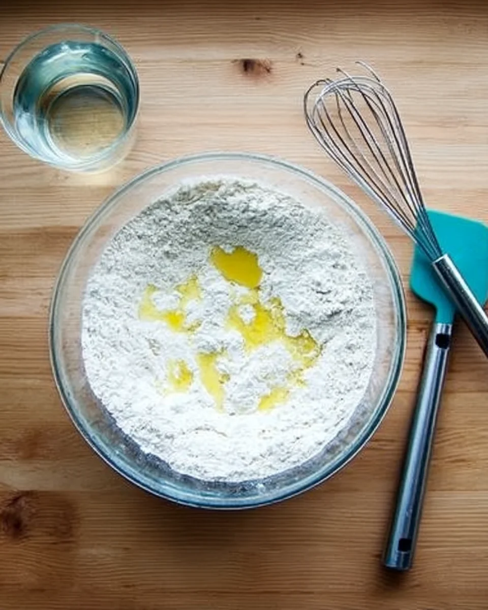 Liquid ingredients added to dry ingredients on a counter.